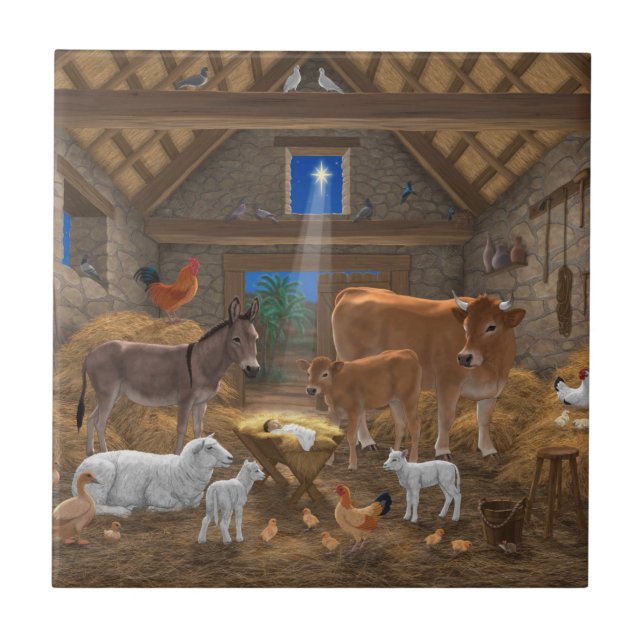 Baby Jesus Manger Holy Night Christmas Nativity Tile (Front)