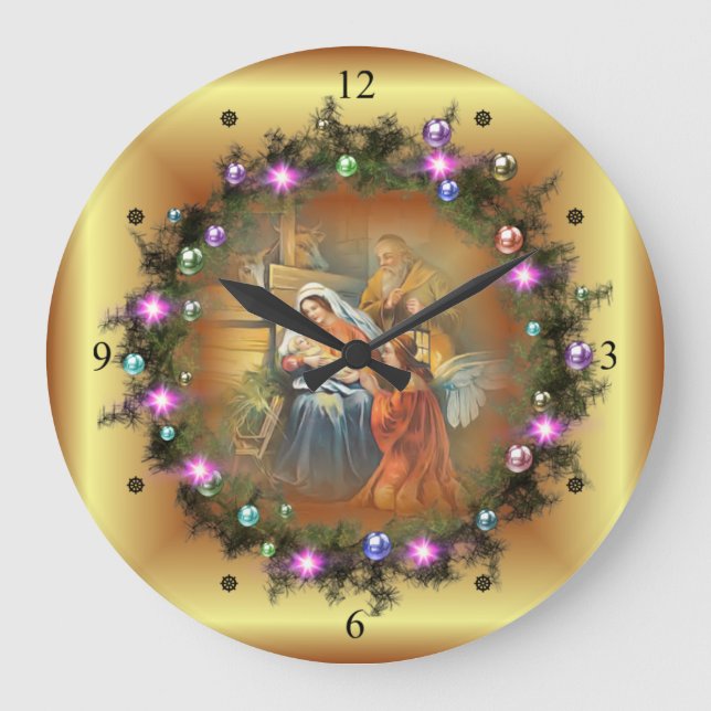 Baby Jesus, Mary & Joseph~The Holy Family~Angel ~  Large Clock (Front)