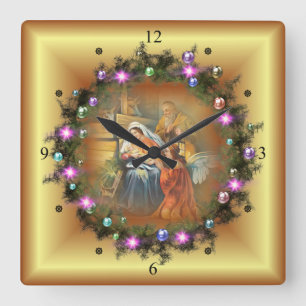 Baby Jesus, Mary & Joseph~The Holy Family~Angel ~ Square Wall Clock
