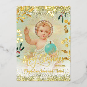 Baby Jesus Merry Christmas religious gold Foil Holiday Card