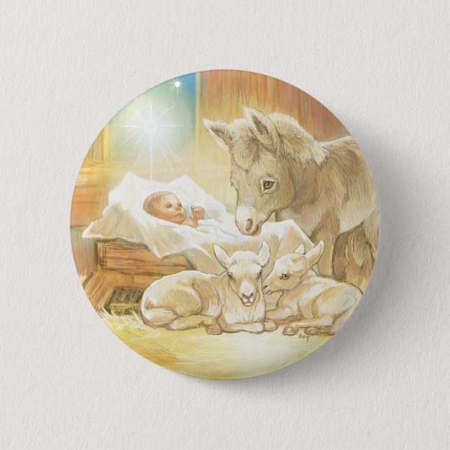 Baby Jesus Nativity with Lambs and Donkey 6 Cm Round Badge (Front)