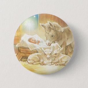 Baby Jesus Nativity with Lambs and Donkey 6 Cm Round Badge