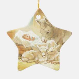 Baby Jesus Nativity with Lambs and Donkey Ceramic Tree Decoration