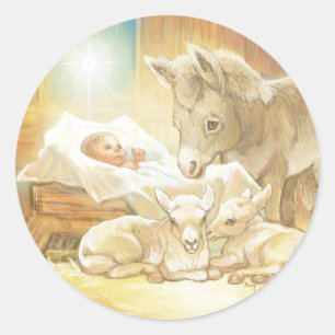 Baby Jesus Nativity with Lambs and Donkey Classic Round Sticker