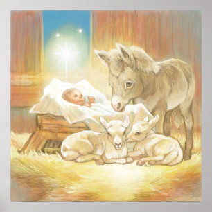 Baby Jesus Nativity with Lambs and Donkey Poster