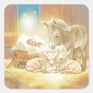 Baby Jesus Nativity with Lambs and Donkey Square Sticker