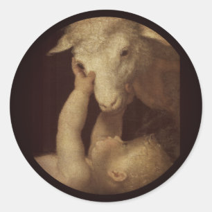 Baby Jesus Touches Lamb Classic Round Sticker
