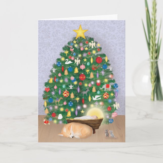 Baby Jesus with corgi and Christmas tree card (Front)