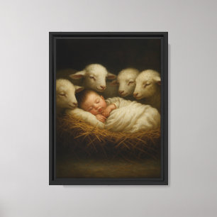 Baby Jesus with Lambs Peaceful Nativity Art Canvas Print