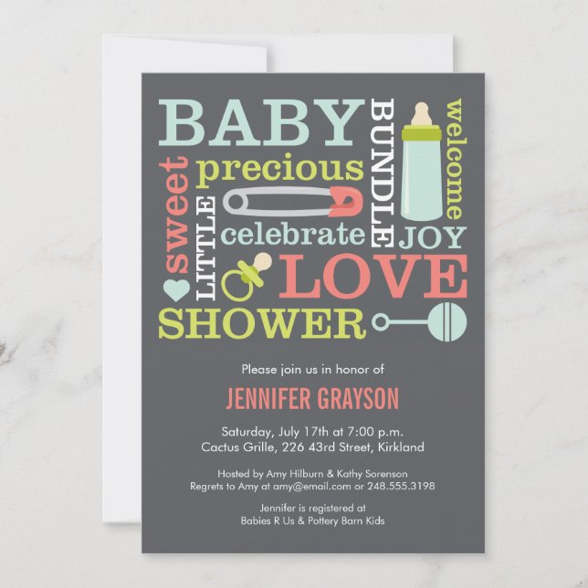 Baby Jumble Baby Shower invitation in Grey (Front)