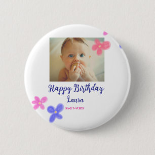Baby kids 1st birthday add name date add photo 6 cm round badge