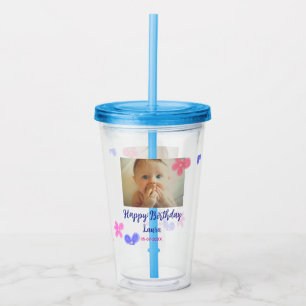 Baby kids 1st birthday add name date add photo acrylic tumbler