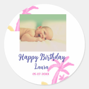 Baby kids 1st birthday add name date add photo classic round sticker