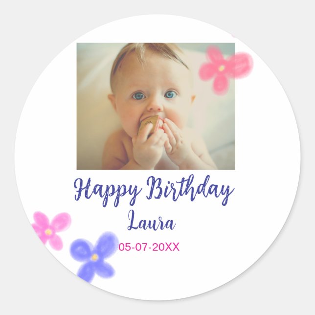 Baby kids 1st birthday add name date add photo classic round sticker (Front)