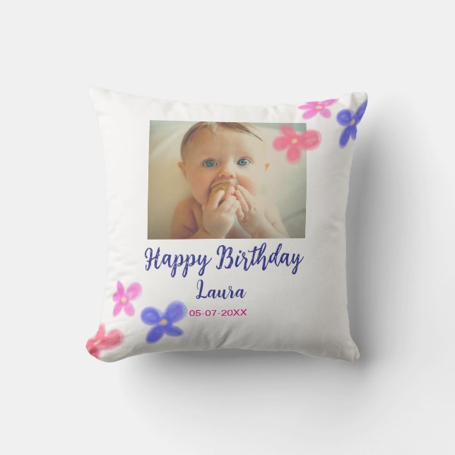 Baby kids 1st birthday add name date add photo cushion (Front)