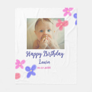 Baby kids 1st birthday add name date add photo fleece blanket