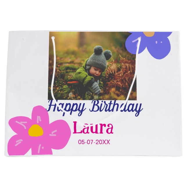 Baby kids 1st birthday add name date add photo large gift bag (Front)