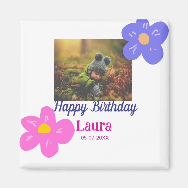 Baby kids 1st birthday add name date add photo magnet (Front)