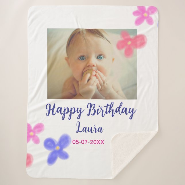 Baby kids 1st birthday add name date add photo sherpa blanket (Front)