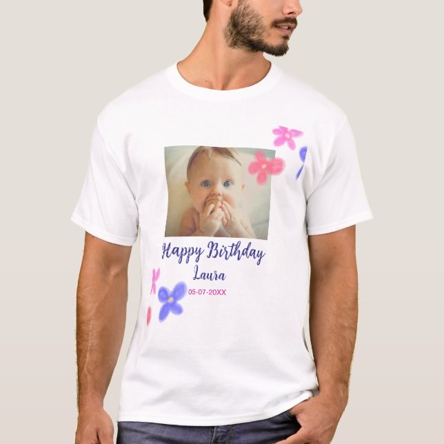 Baby kids 1st birthday add name date add photo T-Shirt (Front)