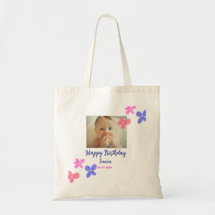 Baby kids 1st birthday add name date add photo tote bag