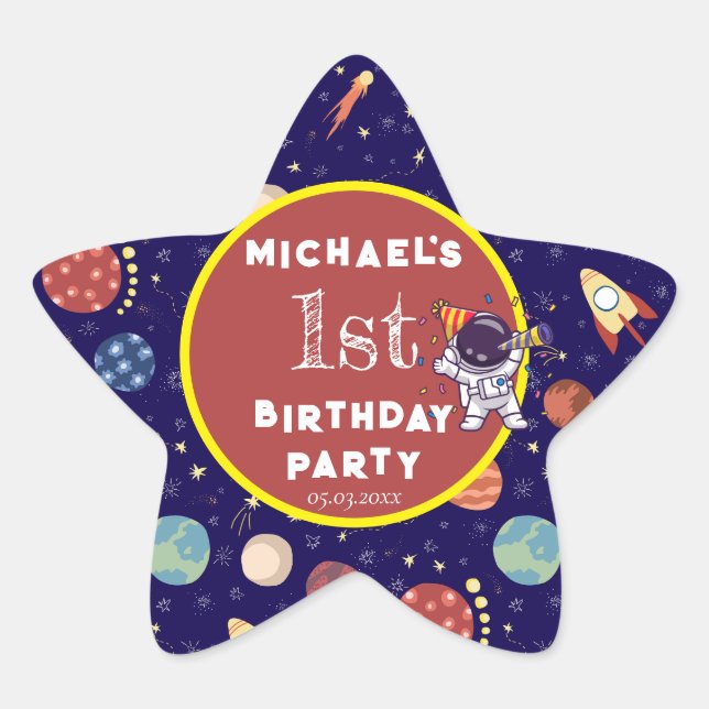 Baby Kids Astronaut Space Any Age Birthday Party  Star Sticker (Front)