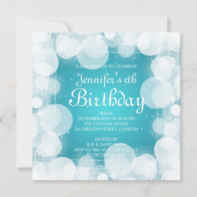 Baby / Kids Birthday Glow & Sparkle Turquoise Invitation (Front)