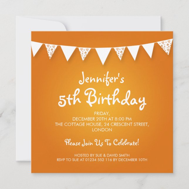 Baby / Kids Birthday Heart Bunting Orange Invitation (Front)