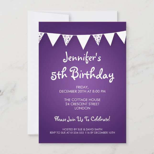 Baby / Kids Birthday Heart Bunting Purple Invitation (Front)