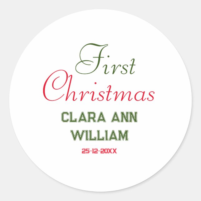 BABY KIDS FIRST CHRISTMAS HOLIDAY ADD NAME TEXT YE CLASSIC ROUND STICKER (Front)