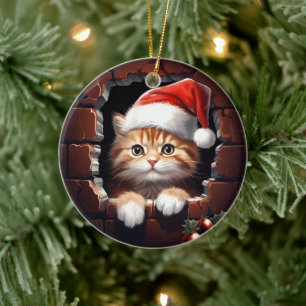 Baby Kitten in Santa Hat Christmas Ceramic Tree Decoration
