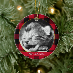 Baby Kitten, Red Buffalo Plaid, Cat Photo Rustic Ceramic Tree Decoration