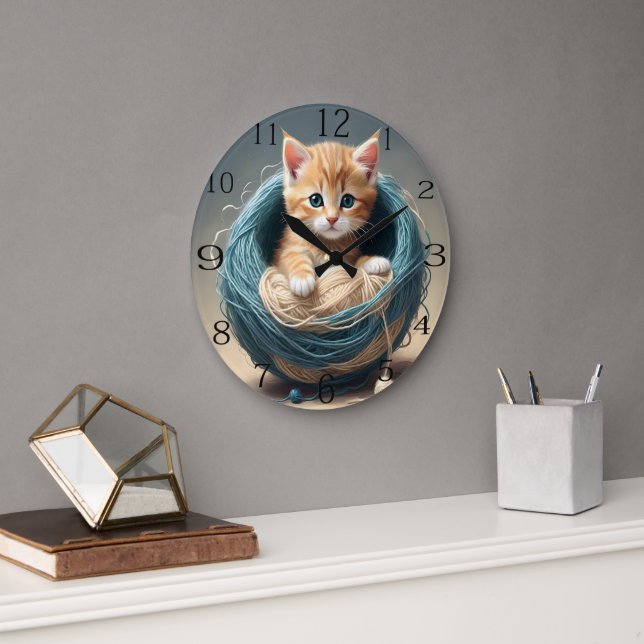 Baby Kitten Wool Ball, Large Clock (Office)