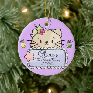 Baby Kitty Cat with Holly First Christmas Ceramic Tree Decoration