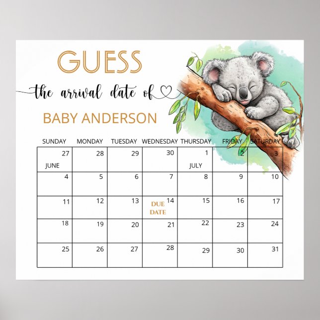 Baby Koala Baby Shower Guess Due Date Calendar  Poster (Front)