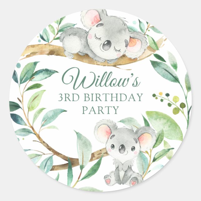 Baby Koala Bear Custom Birthday Party Classic Round Sticker (Front)