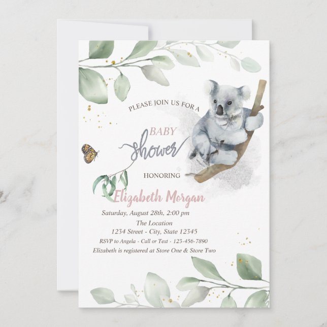 Baby Koala Bear Leaves Baby Shower Invitation (Front)