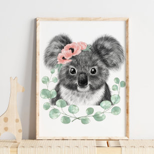 Baby Koala Floral Nursery Print   Koala Print
