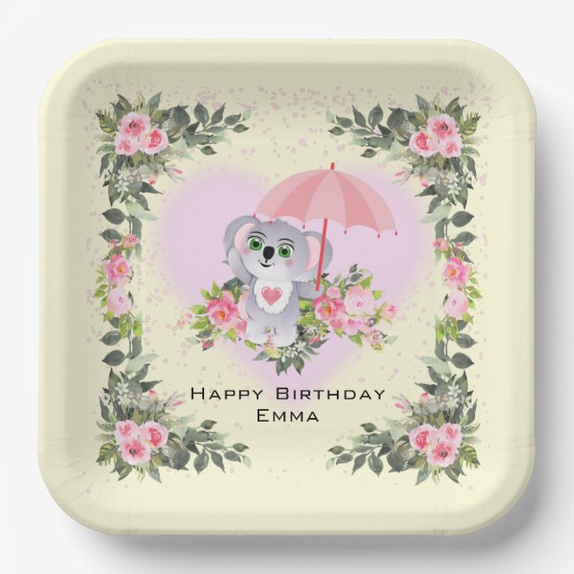 Baby Koala | Personalised Birthday Yellow Paper Plate (Front)