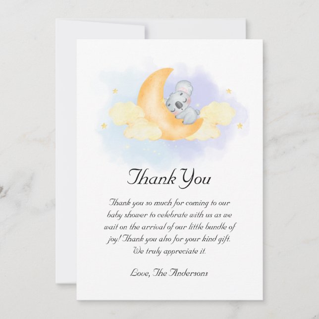 Baby Koala Sleeps On The Moon Baby Shower  Thank You Card (Front)