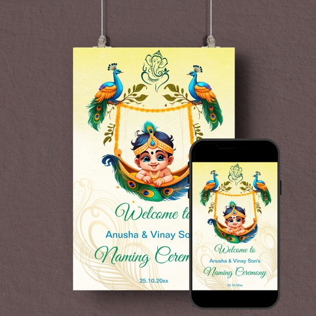 Baby Krishna Naming Cradle Ceremony welcome sign (Baby Krishna baby naming cradle namkaran ceremony welcome sign template poster instant download)
