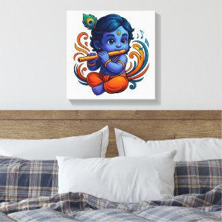 Baby Krishna with Flute – Peace Vibes | Vibrant 3D Canvas Print