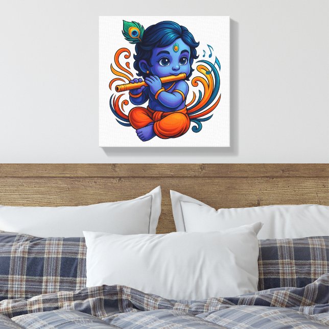 Baby Krishna with Flute – Peace Vibes | Vibrant 3D Canvas Print (Insitu(Bedroom))