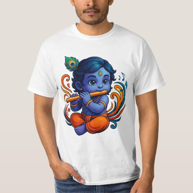 Baby Krishna with Flute – Peace Vibes | Vibrant 3D T-Shirt (Front)