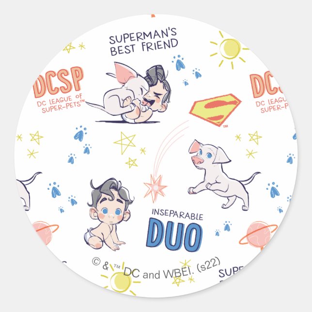 Baby Krypto & Superman Pattern Classic Round Sticker (Front)