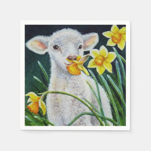 Baby Lamb and Spring Daffodils Watercolor Art Napkin