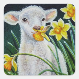 Baby Lamb and Spring Daffodils Watercolor Art Square Sticker