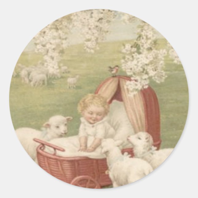 Baby Lamb Dogwood Tree Field Classic Round Sticker (Front)
