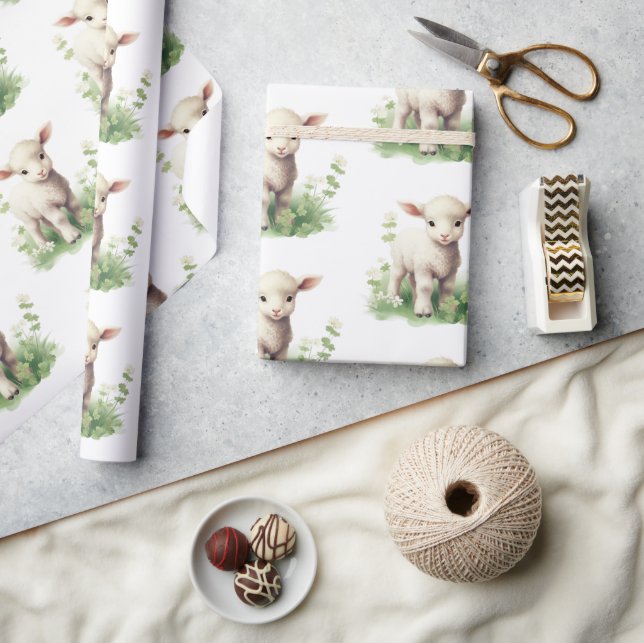 Baby Lamb in Greenery Watercolor Baby Shower Wrapping Paper (Crafts)
