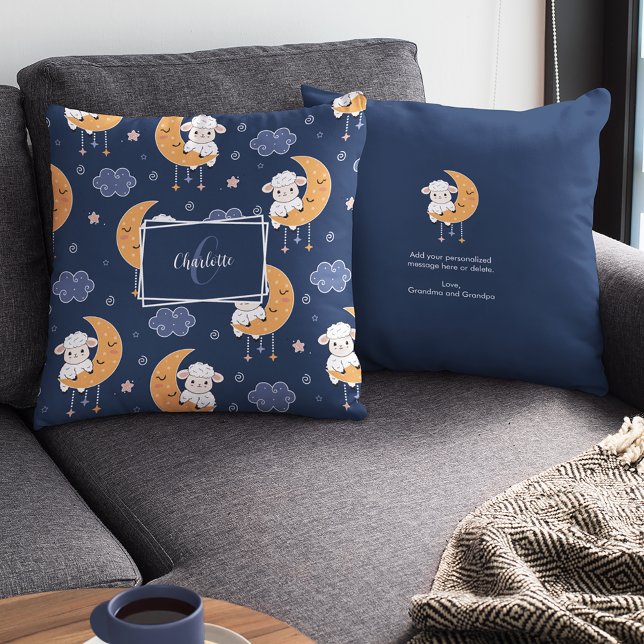 Baby Lamb on Moon Pattern w/ Personalized Message Cushion (Creator Uploaded)